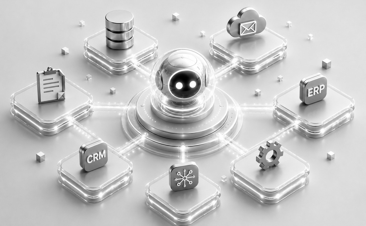 Robot conectado a iconos de ERP, CRM, base de datos y documentos
