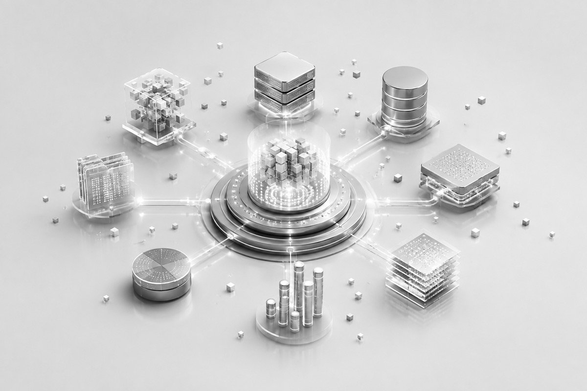 Servidores y módulos de datos conectados a una plataforma central de análisis