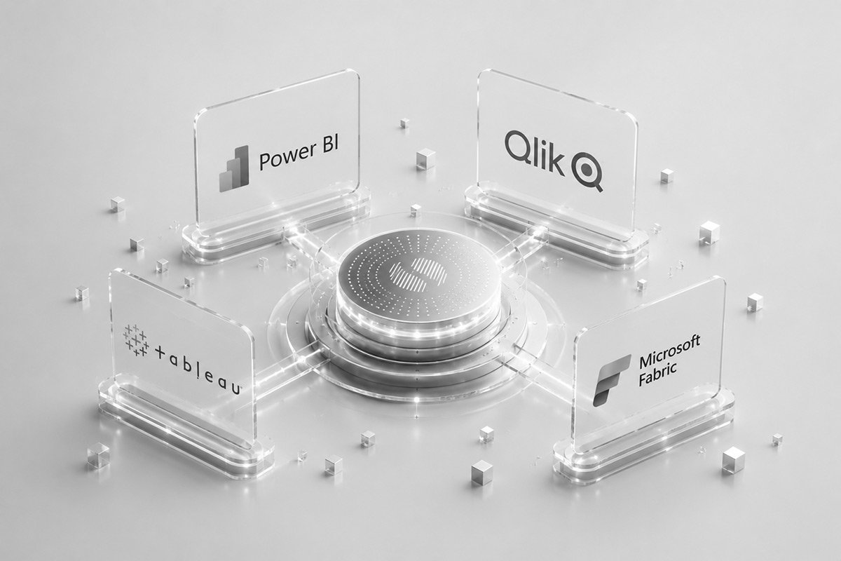 Logotipos de Power BI, Qlik, Tableau y Microsoft Fabric sobre fondo claro