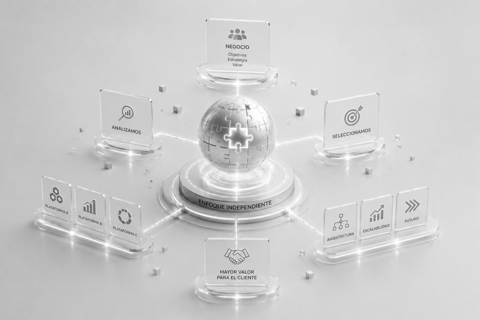 Esfera de enfoque independiente rodeada de paneles de negocio, plataformas y arquitectura