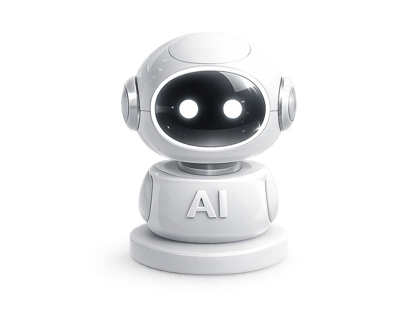 Robot blanco de visor oscuro y ojos luminosos con la etiqueta AI