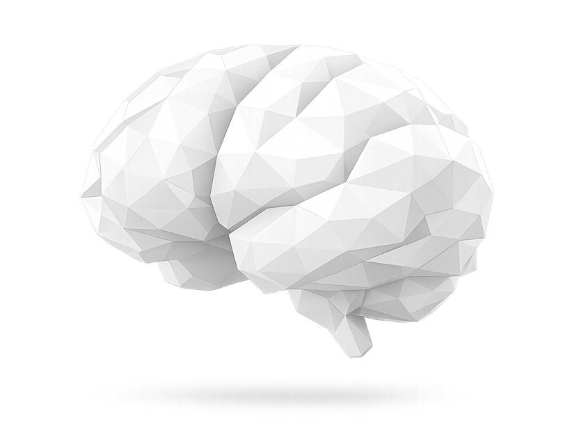 Cerebro low-poly blanco formado por facetas triangulares en 3D