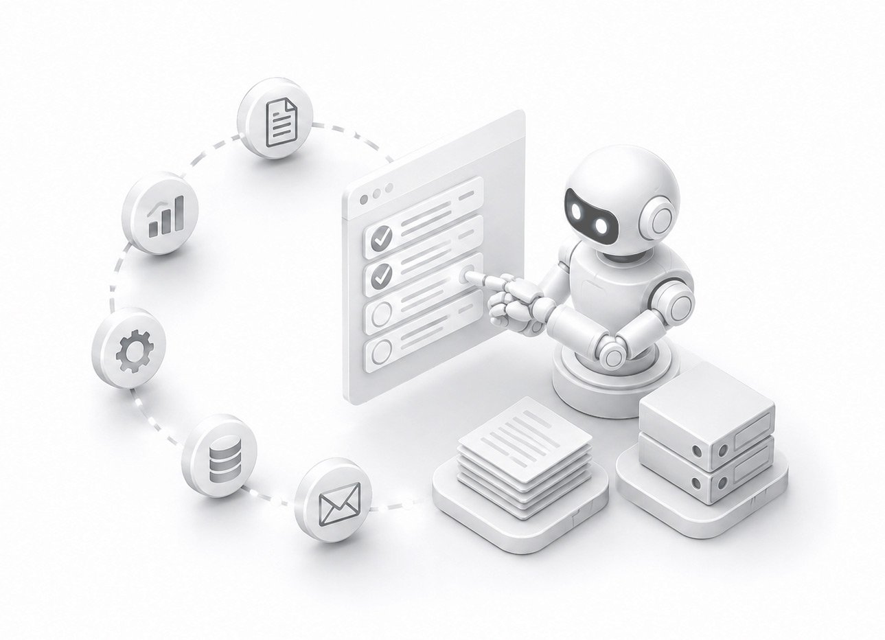 Robot marcando tareas en pantalla junto a un ciclo de iconos de proceso