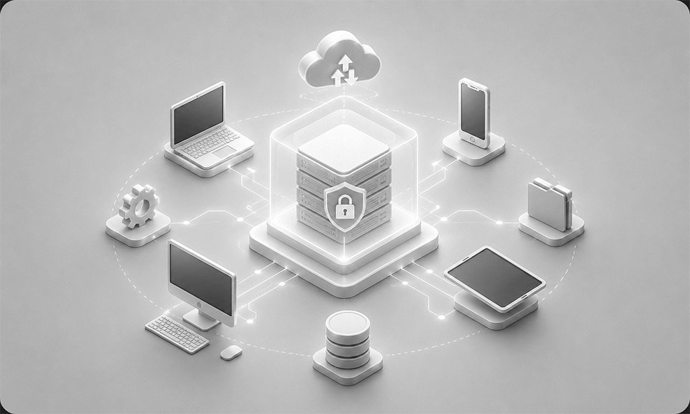 Servidor central con candado de seguridad conectado a dispositivos y a la nube